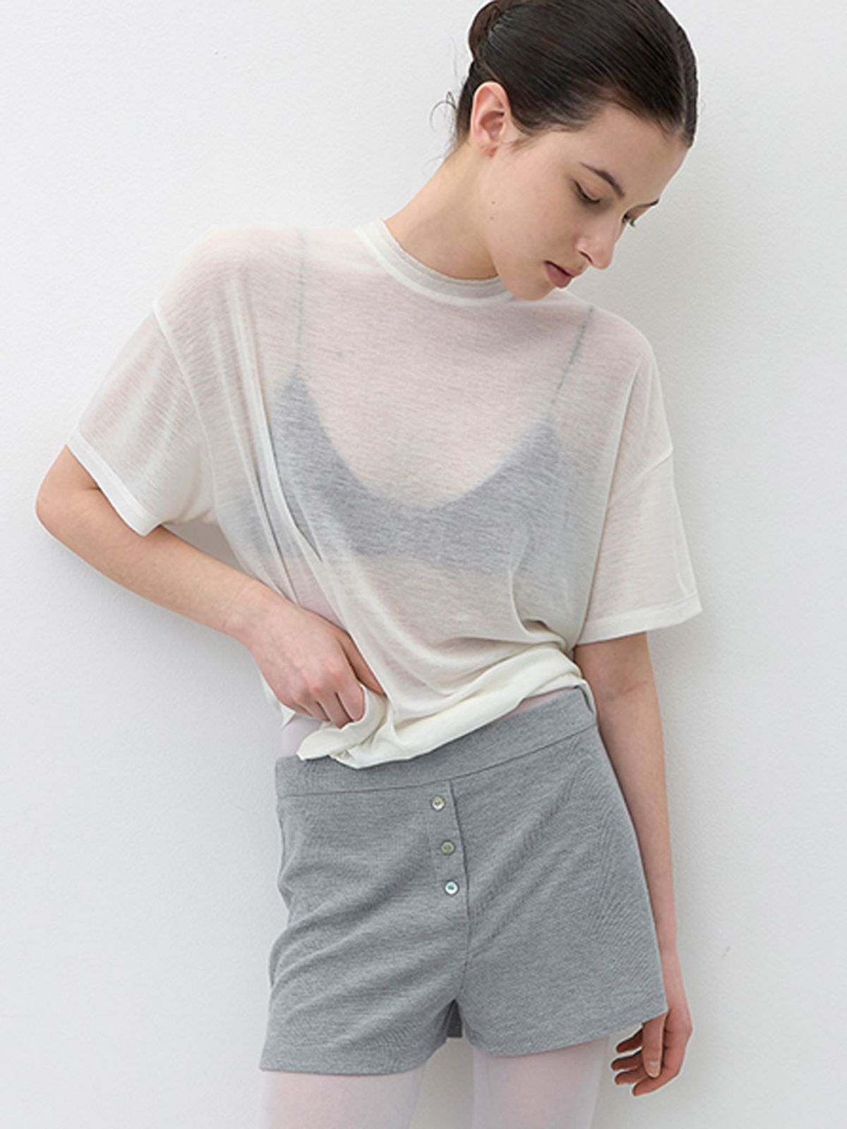 아틀리에 나인(ATELIER NAIN) AN SHEER DOUBLE-CUT NECK BOX TEE (T-7228)