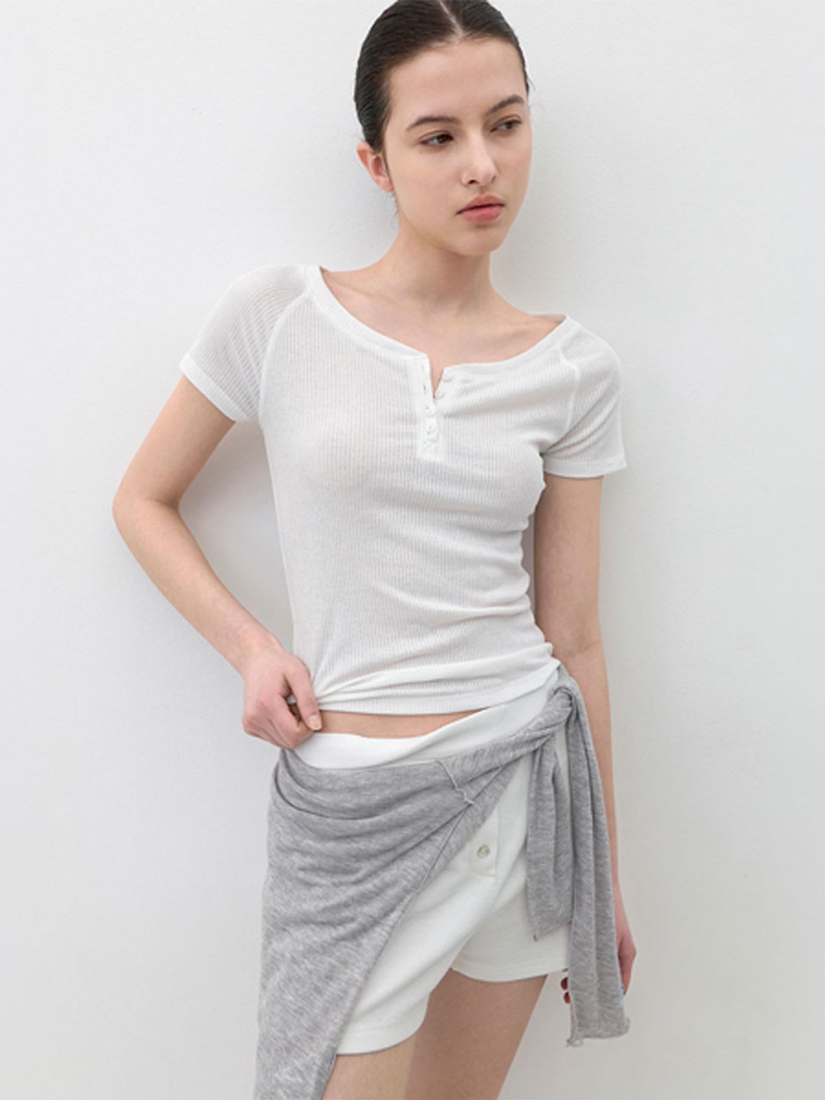 아틀리에 나인(ATELIER NAIN) AN SOFT RIBBED BUTTON UP SLIM HALF T (T-7231)