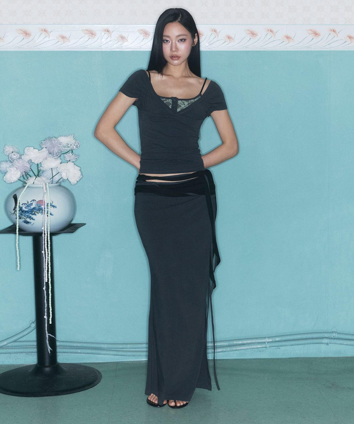 플리즈노팔로우(PLEASENOFOLLOW) Ina Shirring Long Skirt (Charcoal)