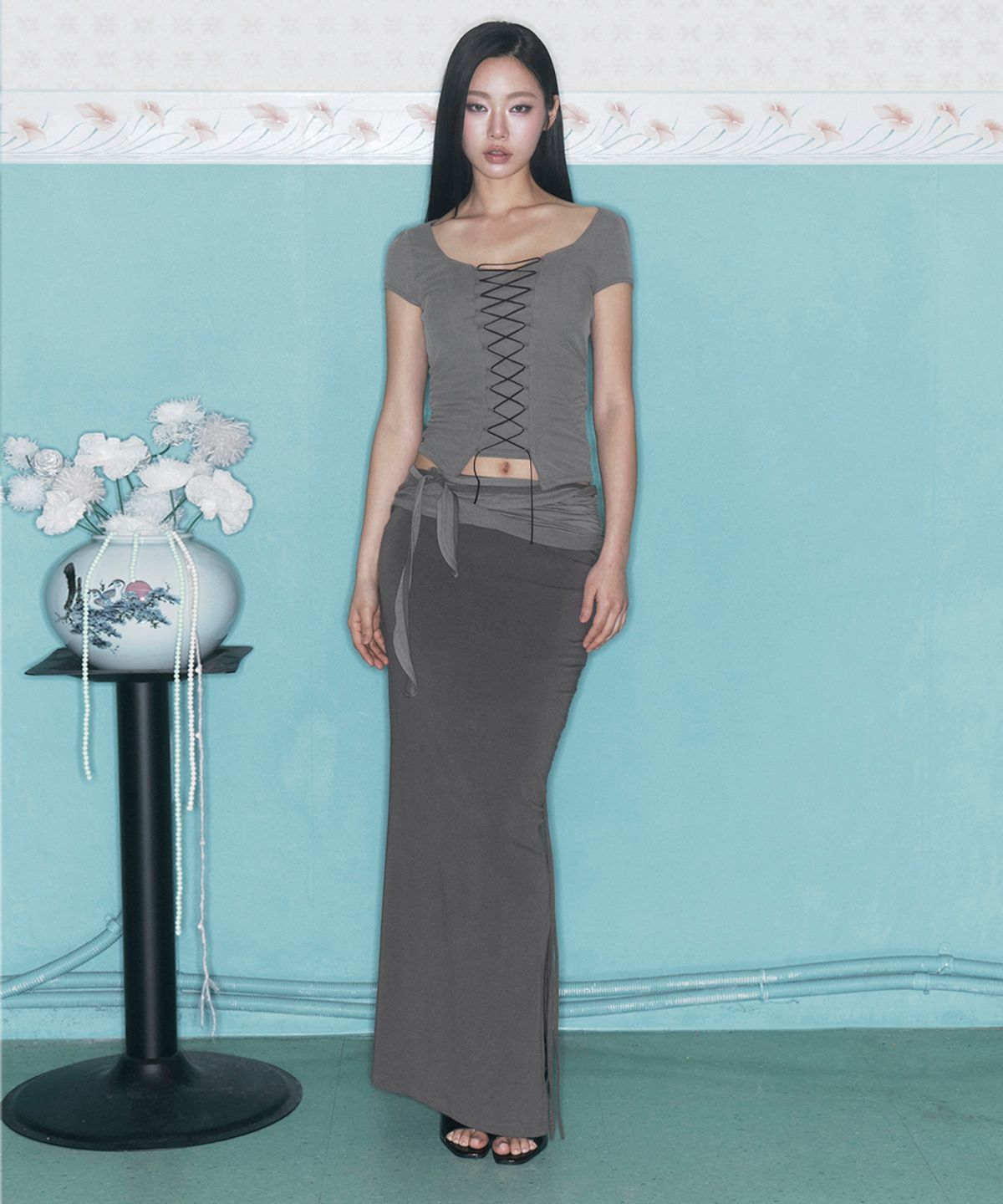 플리즈노팔로우(PLEASENOFOLLOW) Ina Shirring Long Skirt (Khaki)