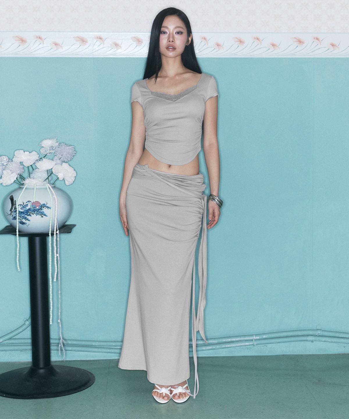 플리즈노팔로우(PLEASENOFOLLOW) Ina Shirring Long Skirt (Ash Beige)