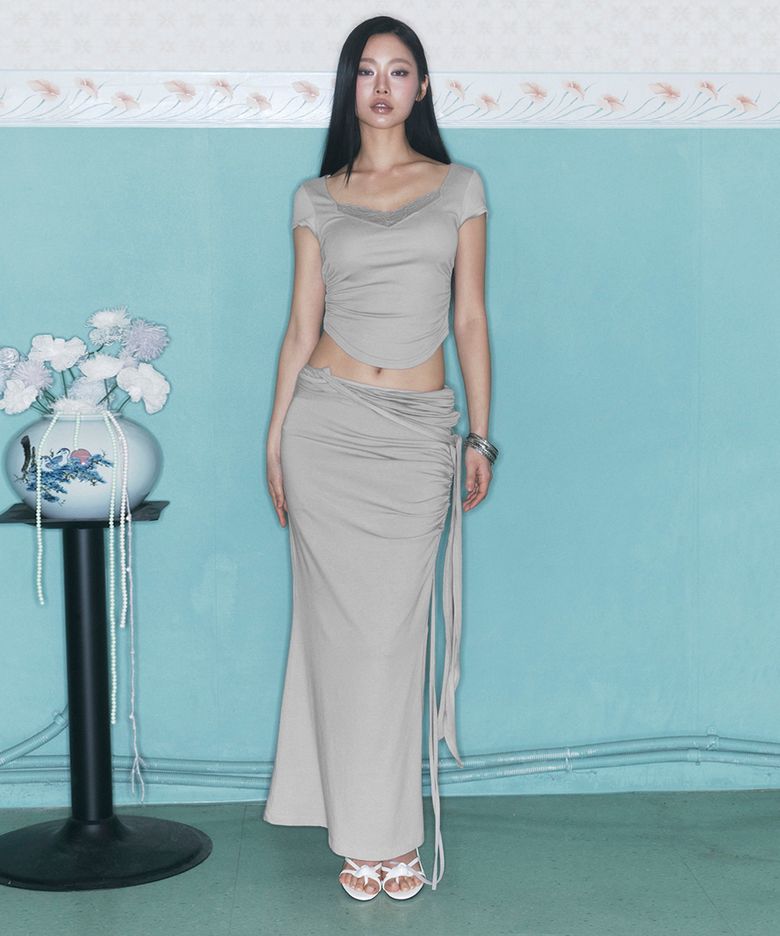 Ina Shirring Long Skirt (Ash Beige)