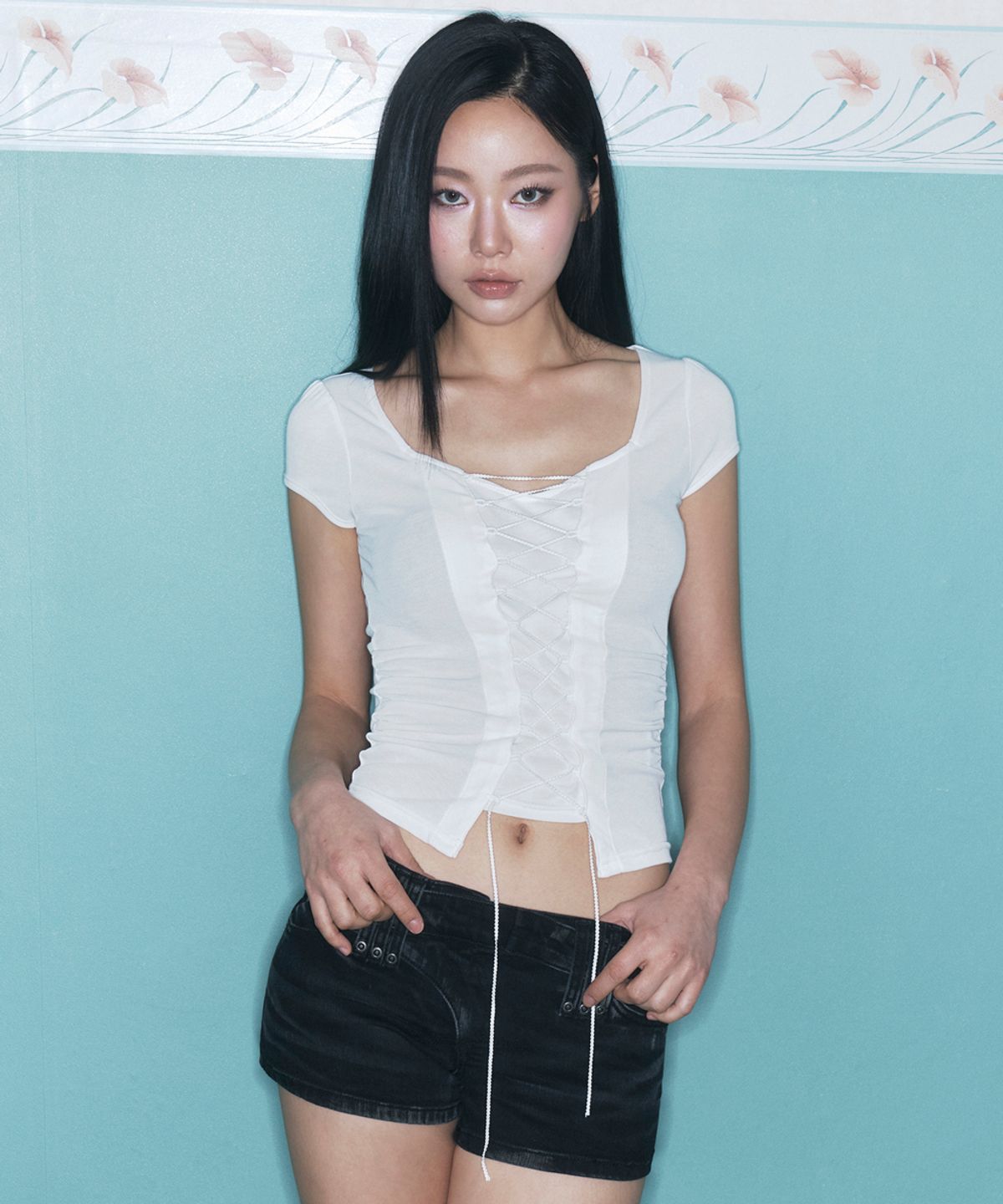 플리즈노팔로우(PLEASENOFOLLOW) Heren Corset Short Sleeve Top (Ivory)