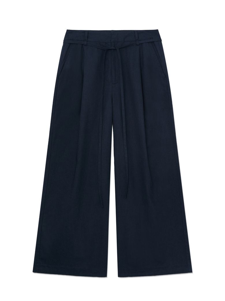 G BELTED LINEN WIDE PANTS (NAVY)