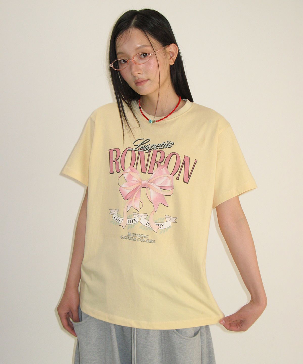 론론(RONRON) VINTAGE DOUBLE RIBBON BASIC FIT T SHIRT YELLOW