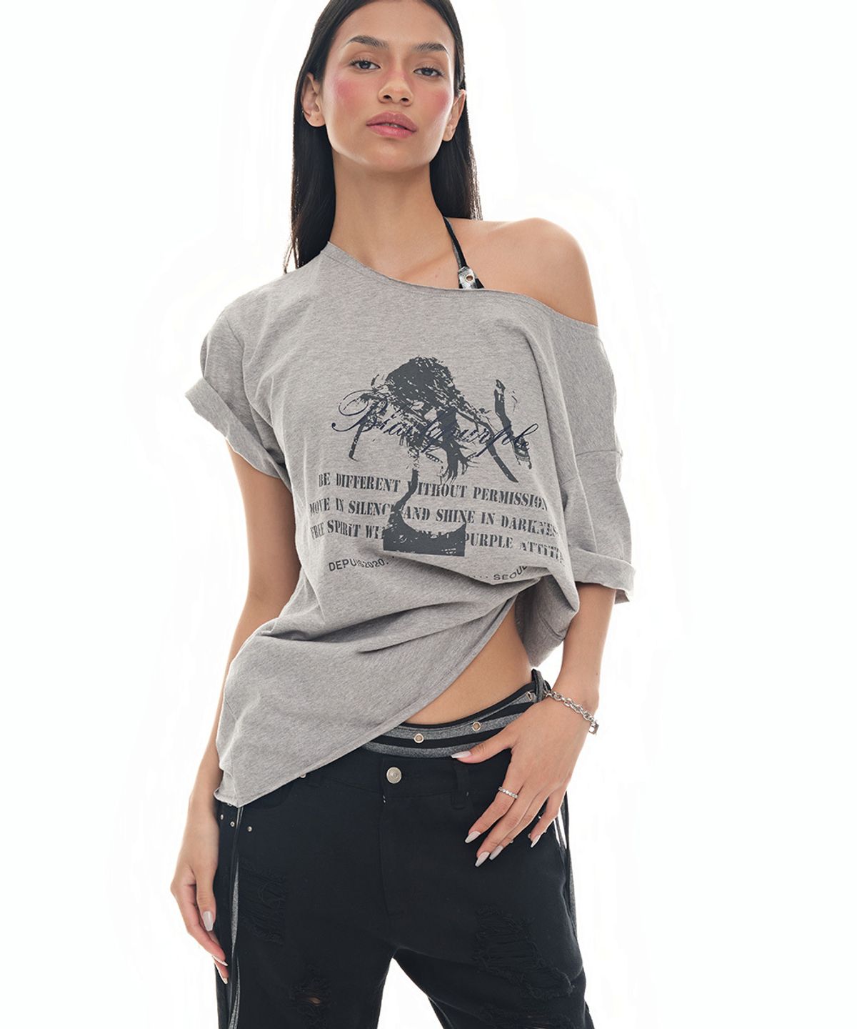 블랙 퍼플(BLACK PURPLE) 뮤즈 오프숄더 반팔티_멜란지 Muse Off-Shoulder Tee_Melange