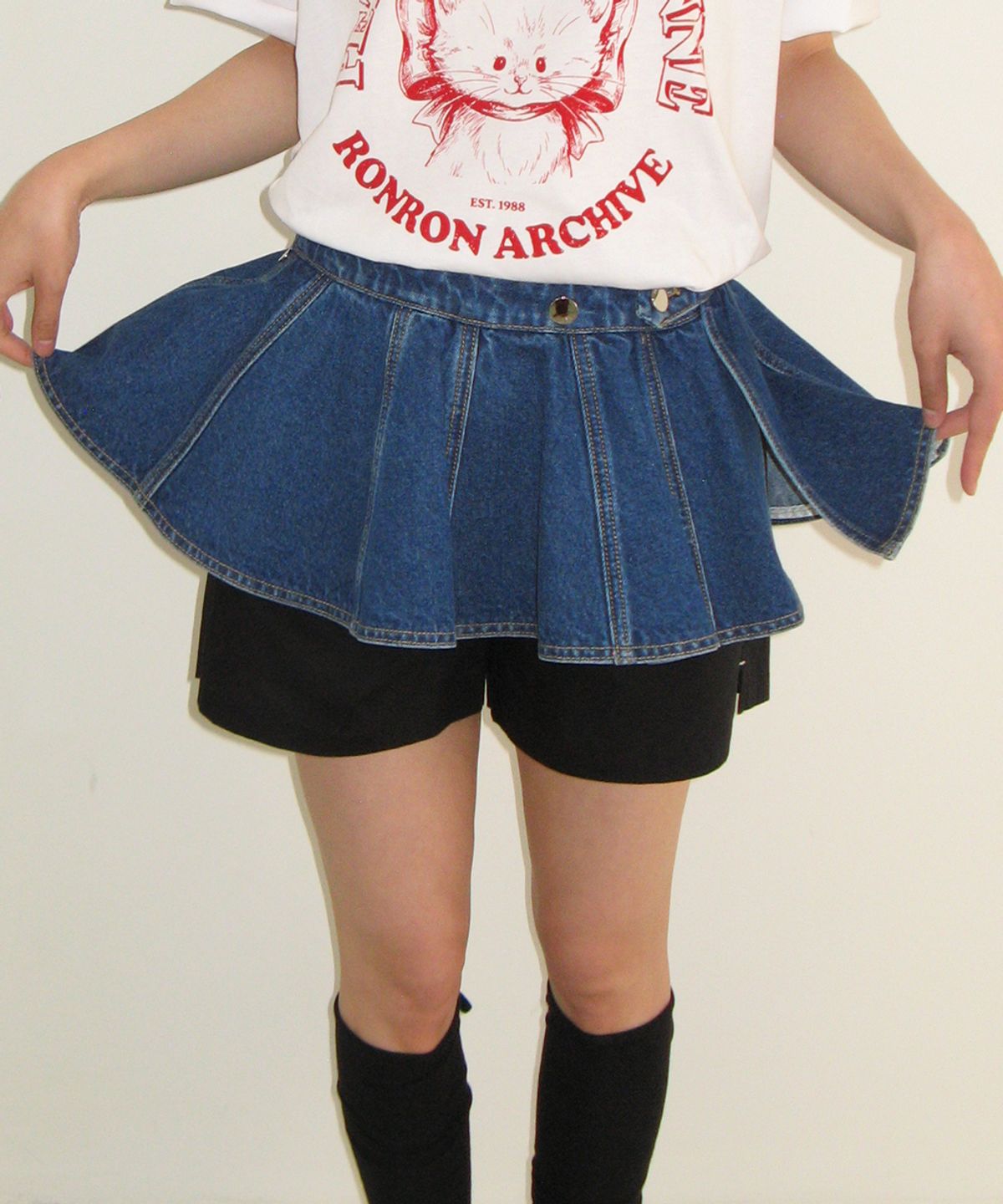 론론(RONRON) FLARED LAYERED BELT SKIRT MEDIUM BLUE