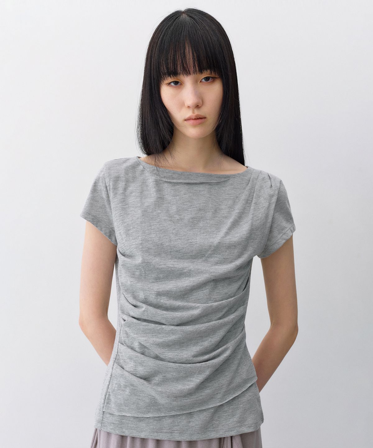 인사일런스 우먼(INSILENCE WOMEN) 드레이핑 보트넥 티셔츠 MELANGE GREY