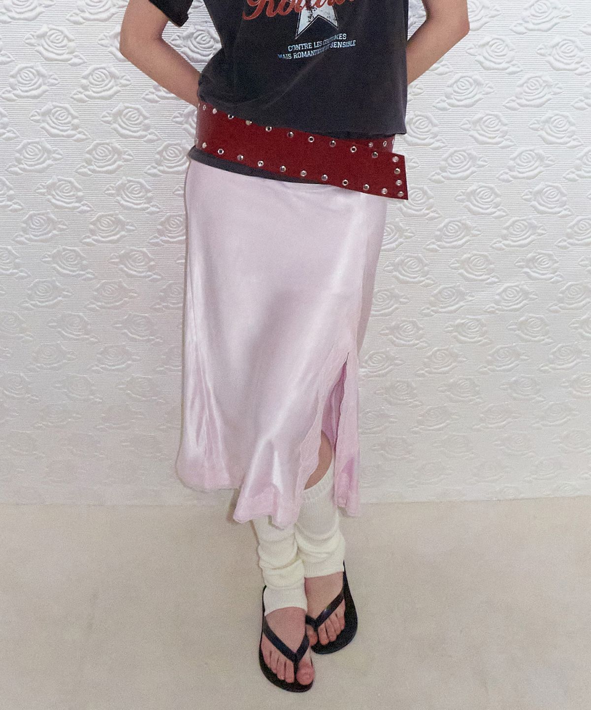 로라로라(ROLAROLA) SATIN LACE LONG SKIRT LIGHT PINK