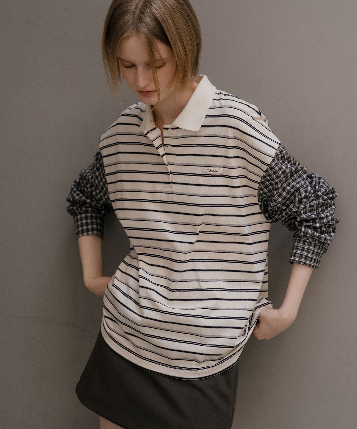 틸아이다이(TILL I DIE) Stripe check mix t-shirt [TISP06LT09]_Cream