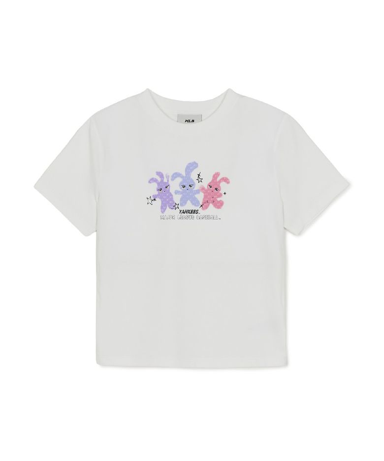 여성 스몰 버니 그래픽 슬림 세미 크롭 반팔 티셔츠 NY (White)