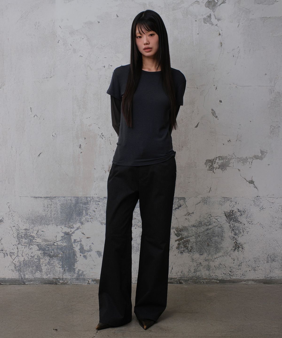 다이브인 우먼(DIVEIN WOMEN) COTTON STRIPE SEMI FLARE PANTS (BLACK)