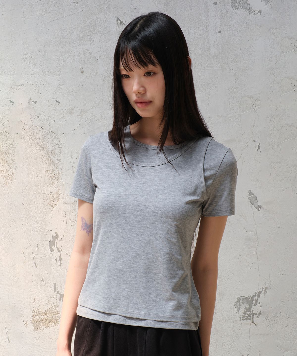 다이브인 우먼(DIVEIN WOMEN) DOUBLE LAYERED T-SHIRTS (MELANGE GRAY)