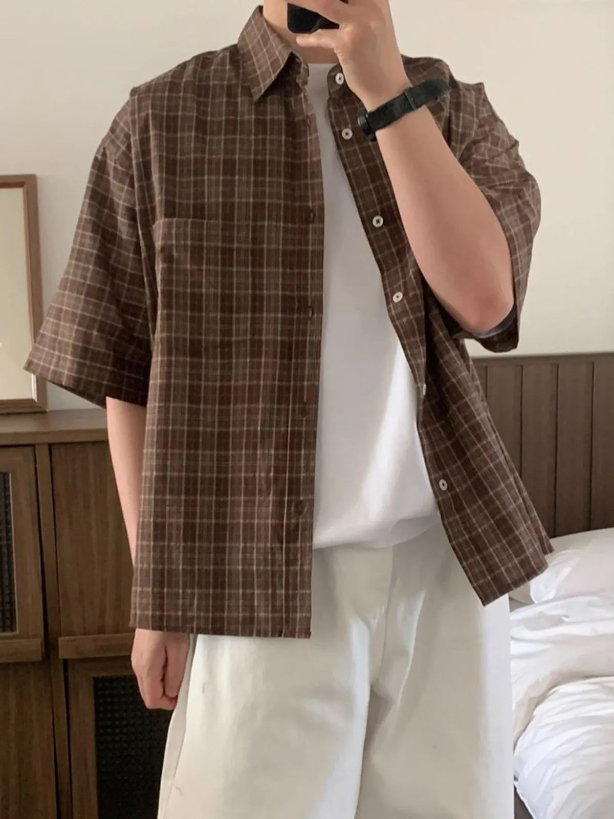 후크(HUKE) 더 시티 체크 반팔 셔츠 (파스텔 브라운)