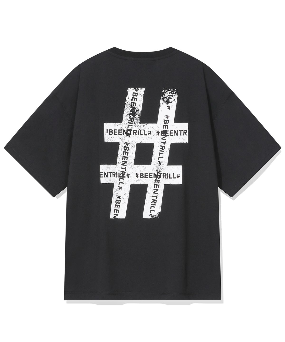 빈트릴(BEENTRILL) 빈티지 해시태그 자이언트 핏 메쉬 반팔티(블랙)