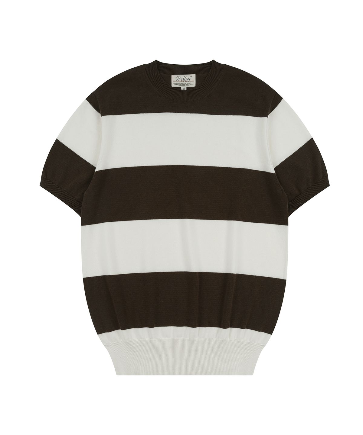 벨리프(BELLIEF) Essential Hard Twist Cotton Short Sleeve Striped Knit (Ivory/Brown)
