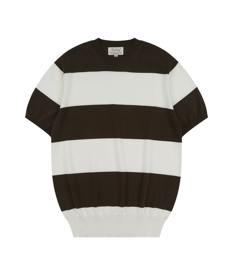Essential Hard Twist Cotton Short Sleeve Striped Knit (Ivory/Brown)