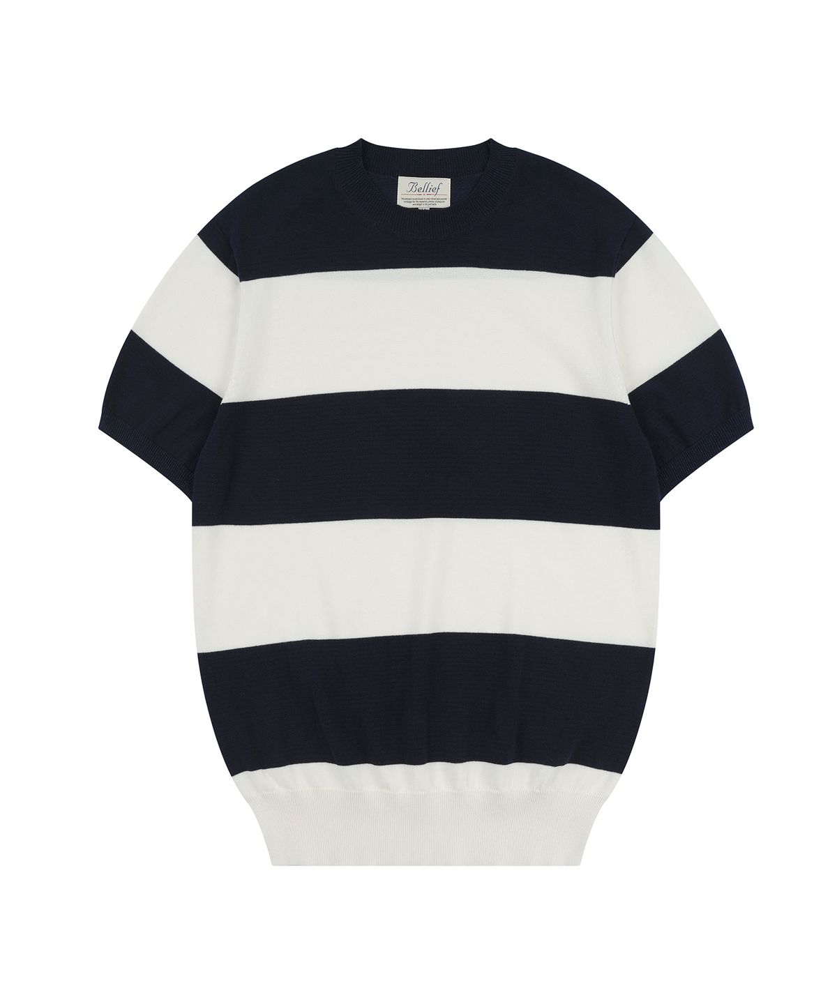 벨리프(BELLIEF) Essential Hard Twist Cotton Short Sleeve Striped Knit (Ivory/Navy)