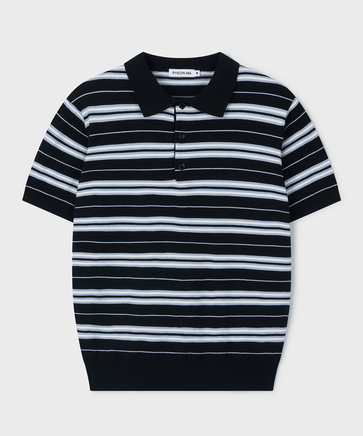 편마(PYEON MA) Multi Stripe Short Sleeve Polo Knit - Black