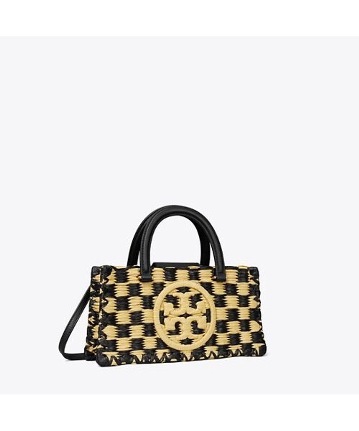 토리버치(TORYBURCH) 엘라 핸드 크로셰티드 체크 E/W 탑 핸들 - 블랙 / 내추럴
