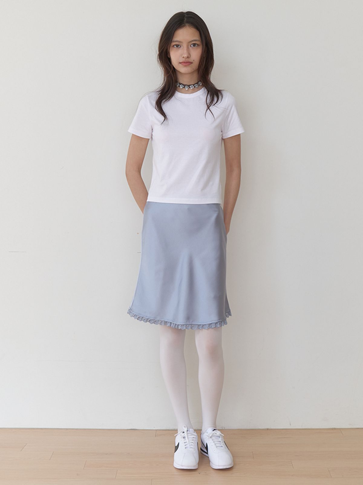카인더베이비(KINDABABY) satin lace mini skirt - misty blue