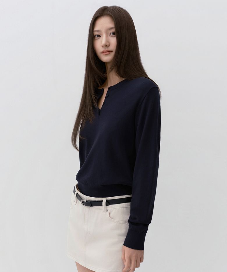 우먼즈 에센셜 헨리 넥 니트 [네이비]