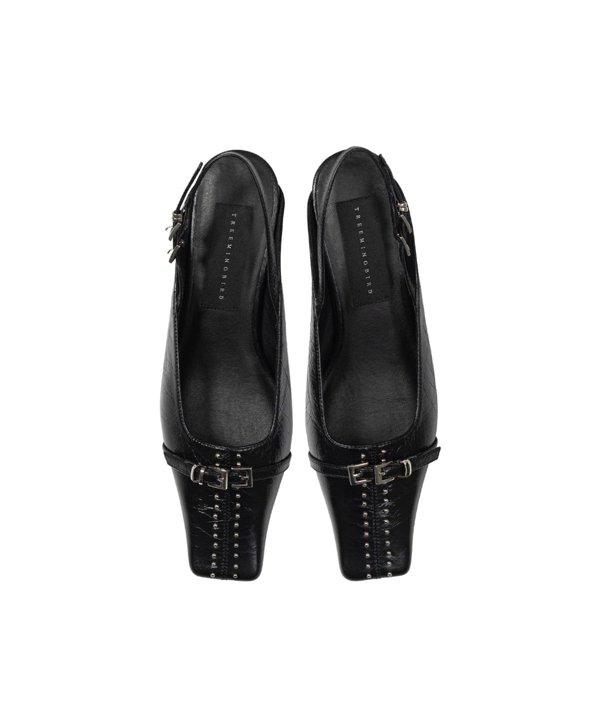 트리밍버드(TREEMINGBIRD) Square-Toe Belted Slingbacks [ Black ]