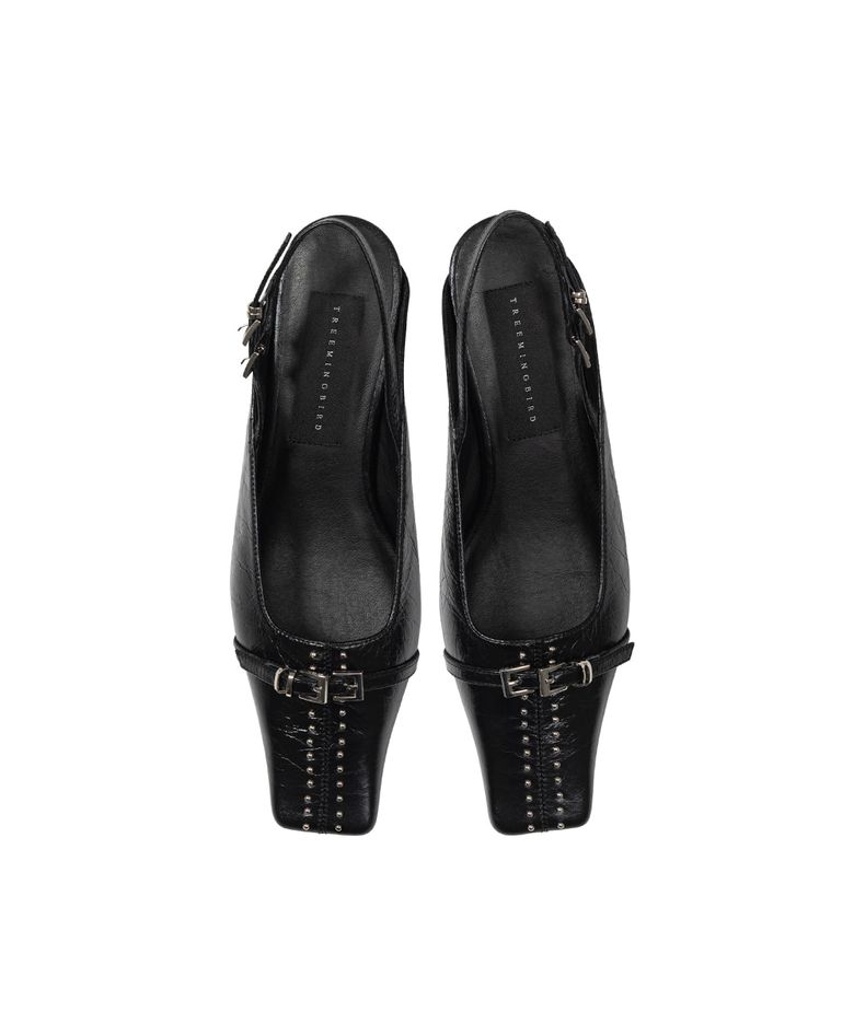 Square-Toe Belted Slingbacks [ Black ]