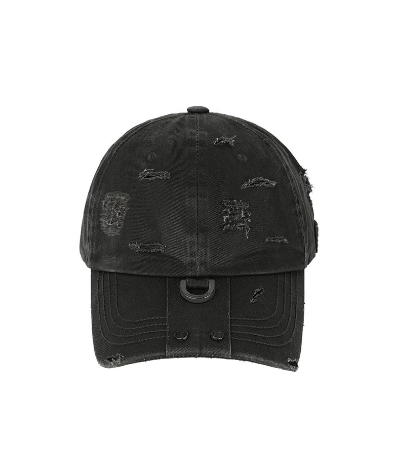 Destroyed Metal Detail Long Strap Cap [ Charcoal ]