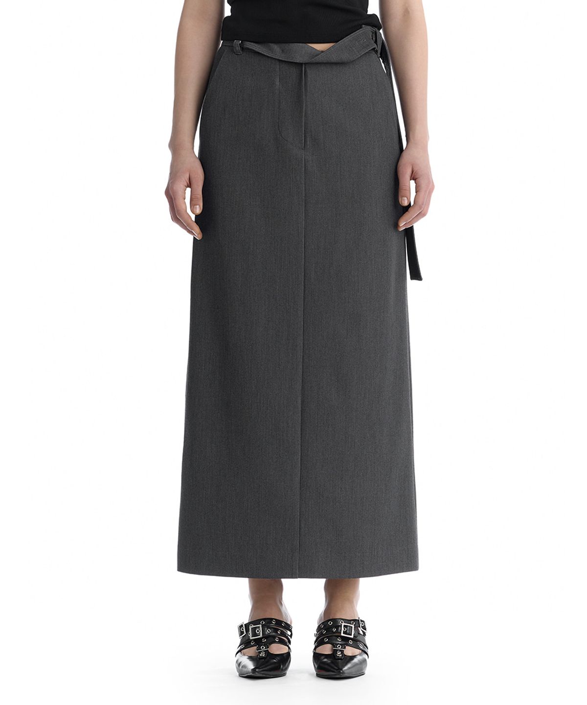 트리밍버드(TREEMINGBIRD) Split Waist Overlap Maxi Skirt [ Charcoal ]