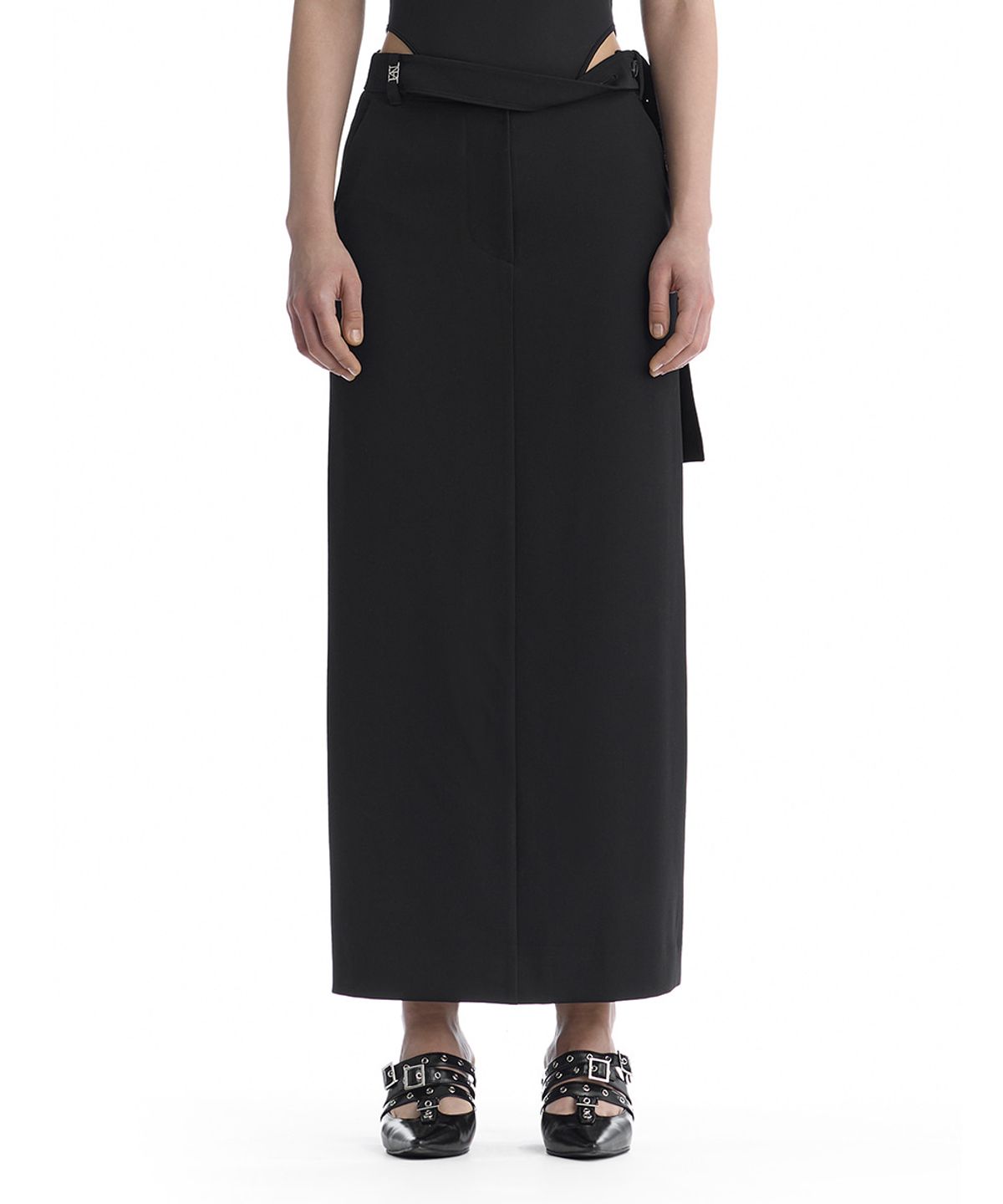 트리밍버드(TREEMINGBIRD) Split Waist Overlap Maxi Skirt [ Black ]