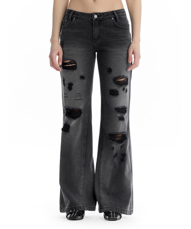 Distressed Bootcut Denim Pants [ Black ]
