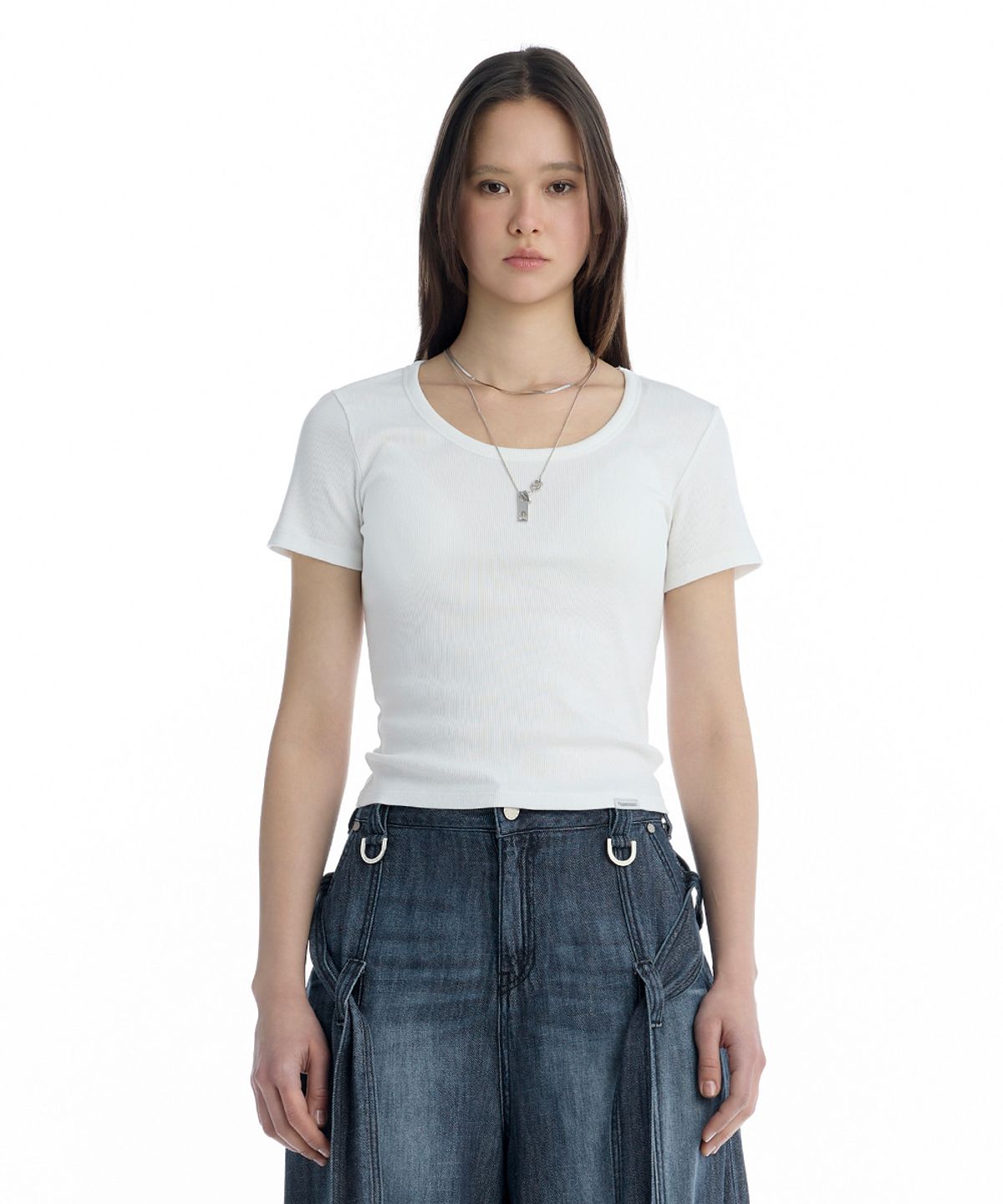 트리밍버드(TREEMINGBIRD) Essential U-Neck Ribbed T-Shirt [ White ]