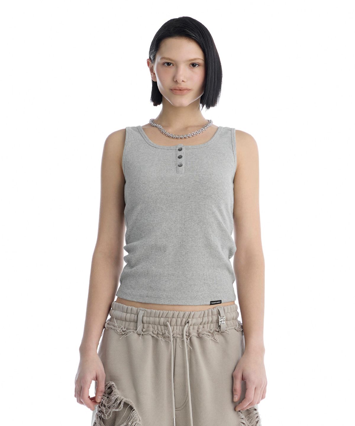트리밍버드(TREEMINGBIRD) Essential Buttoned Ribbed Tank Top [ Melange Gray ]