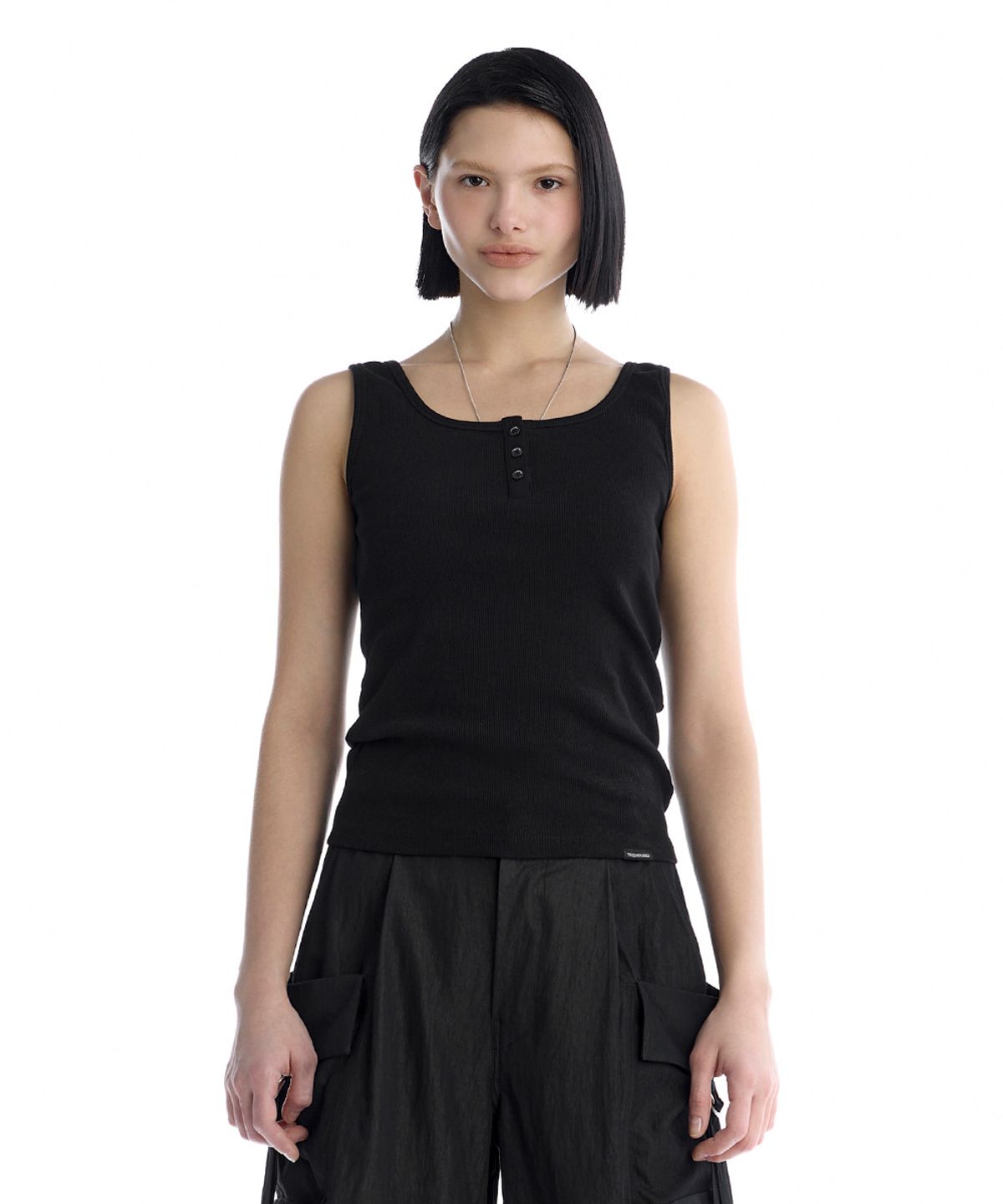 트리밍버드(TREEMINGBIRD) Essential Buttoned Ribbed Tank Top [ Black ]