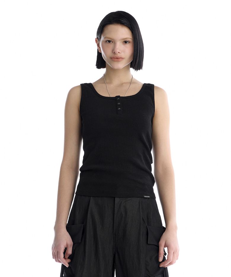 Essential Buttoned Ribbed Tank Top [ Black ]