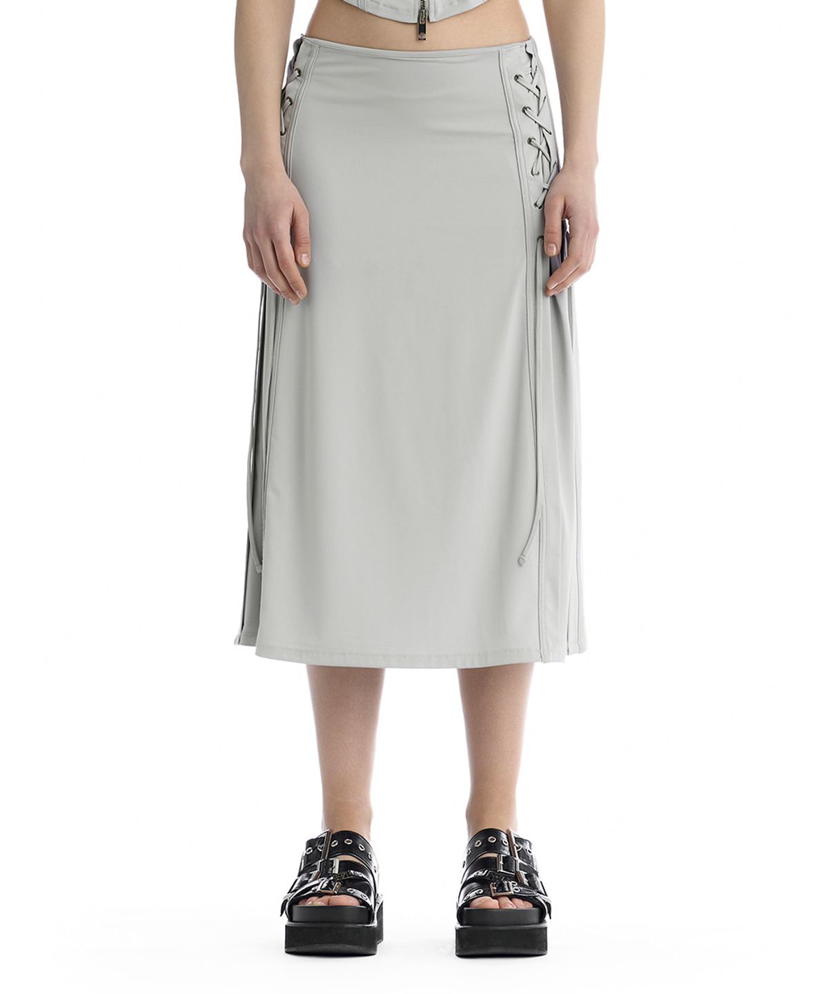 트리밍버드(TREEMINGBIRD) Jersey Lace-Up Side Set-Up Skirt [ Light Gray ]