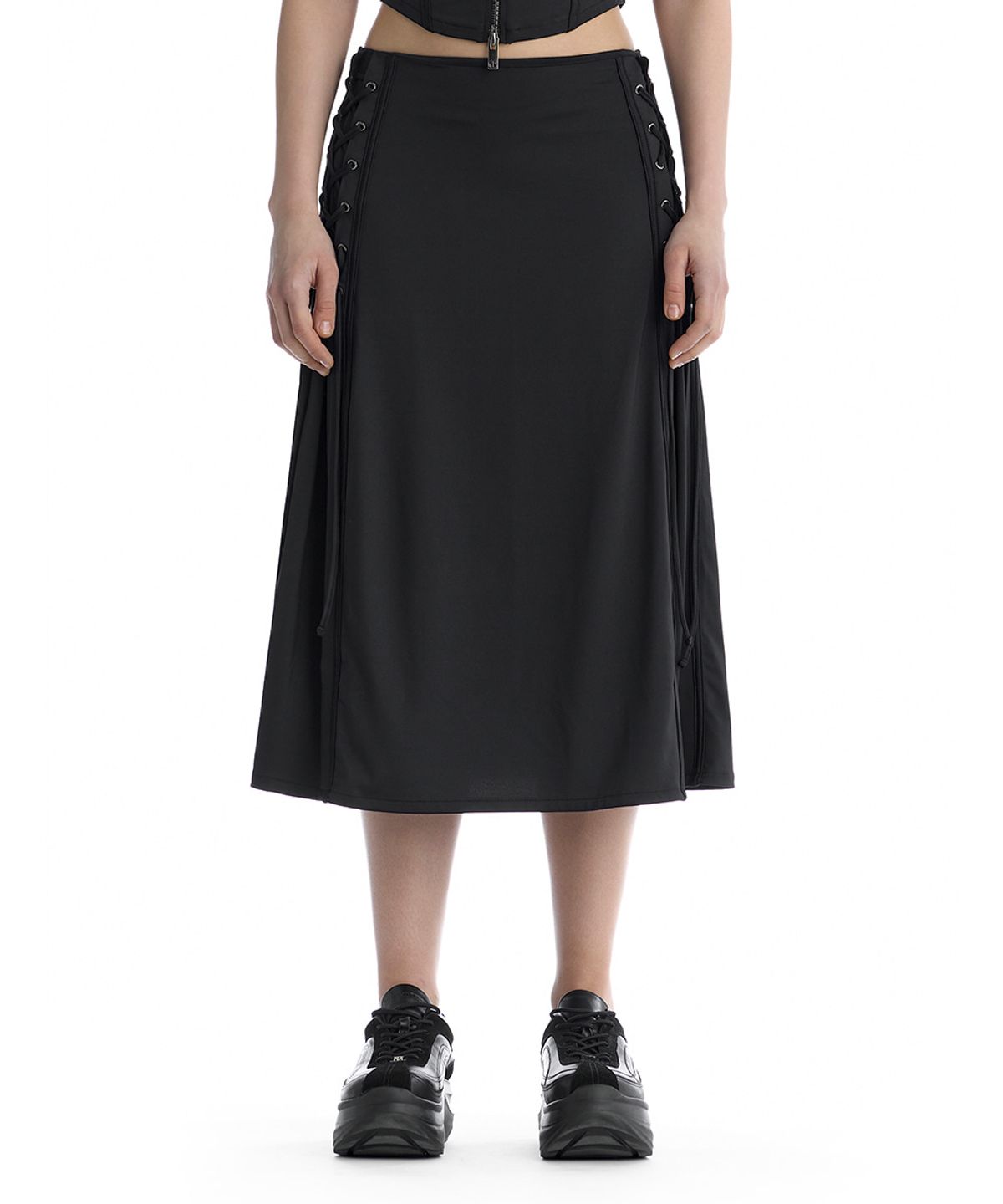 트리밍버드(TREEMINGBIRD) Jersey Lace-Up Side Set-Up Skirt [ Black ]