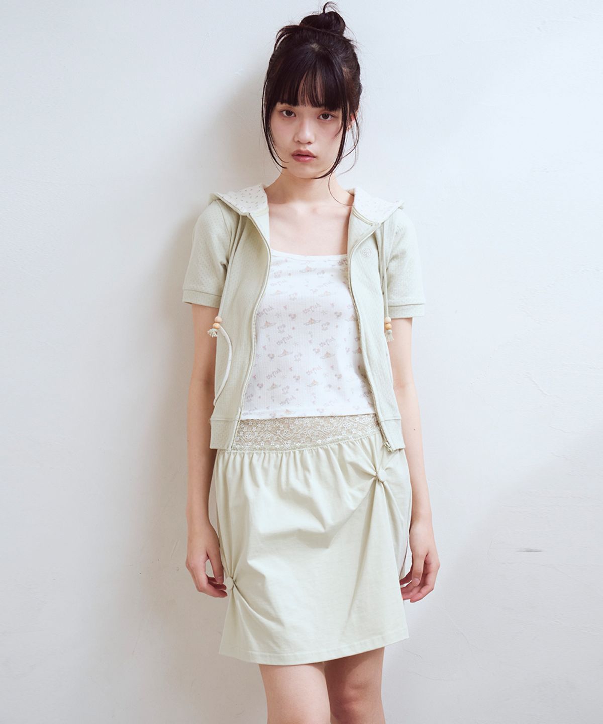 오피쉬(OAFISH) Lace Waist Shirring Skirt, Green