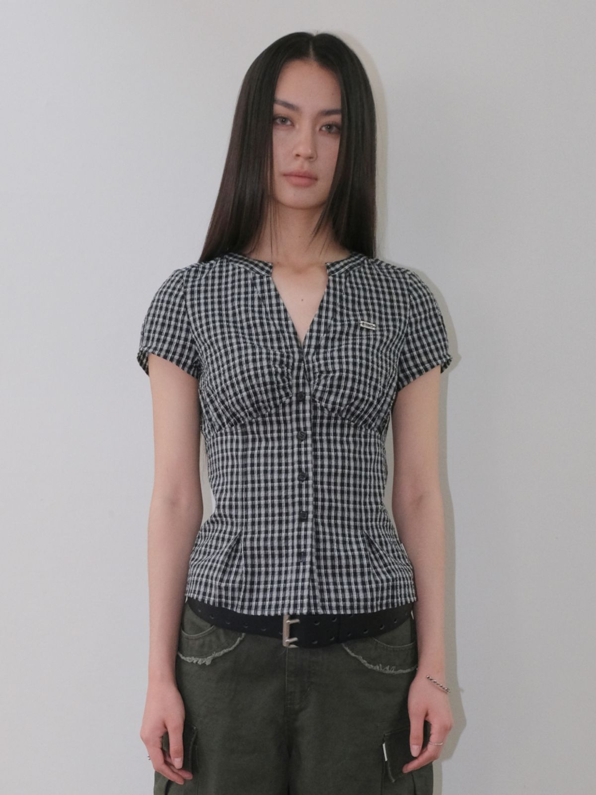 오디너리 홀리데이(ORDINARY HOLIDAY) CHECK SHIRRING SHIRTS [BLACK]