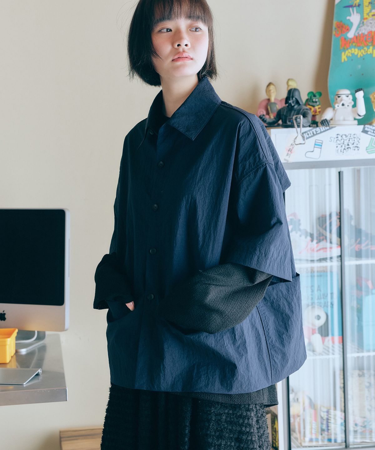 말렌(MALEN) 유니섹스 빅포켓 반팔 셔츠자켓 네이비