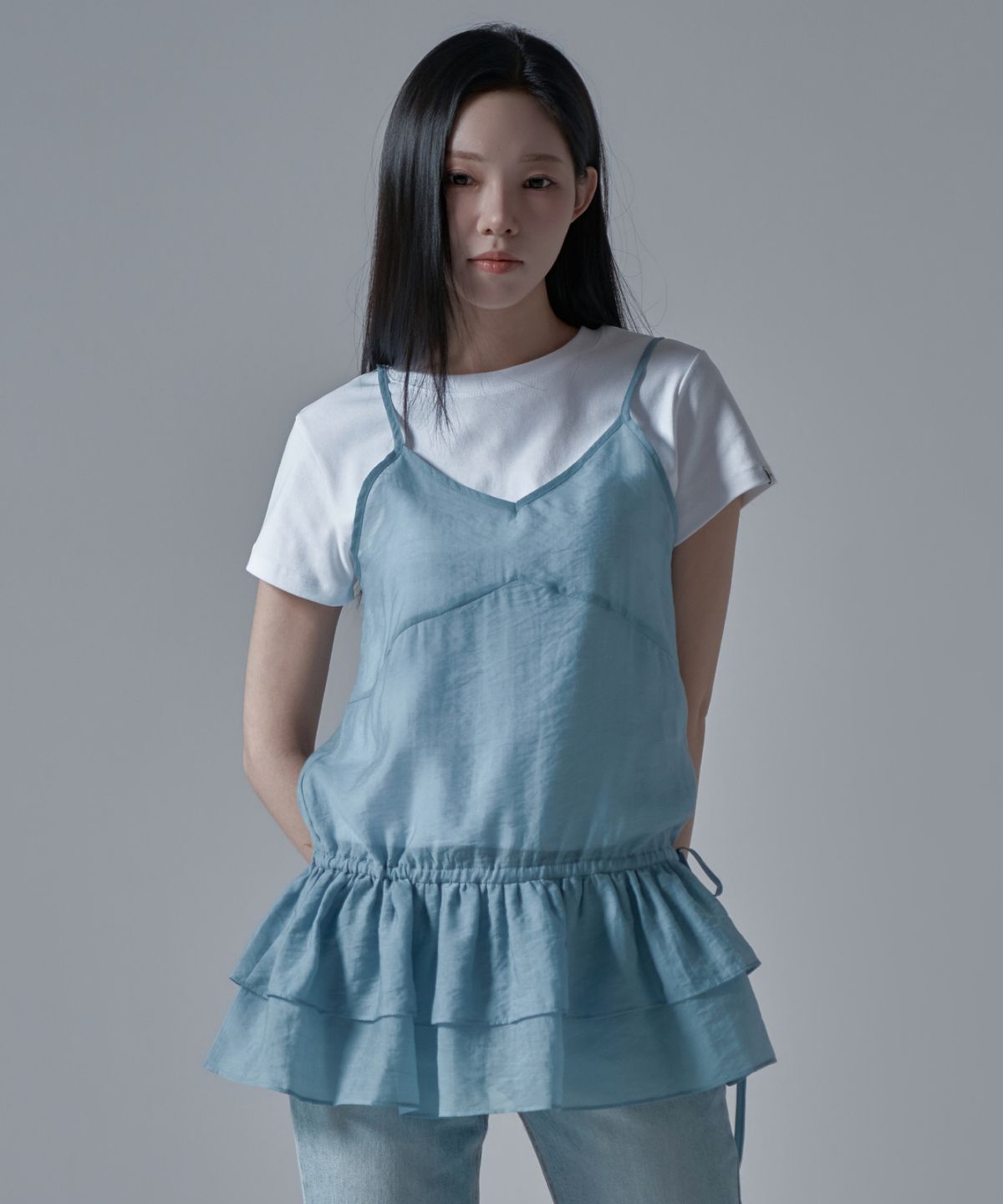 와르 포 우먼(WAARFORWOMAN) WS-08 캉캉 뷔스티에 레이어드 원피스_스카이