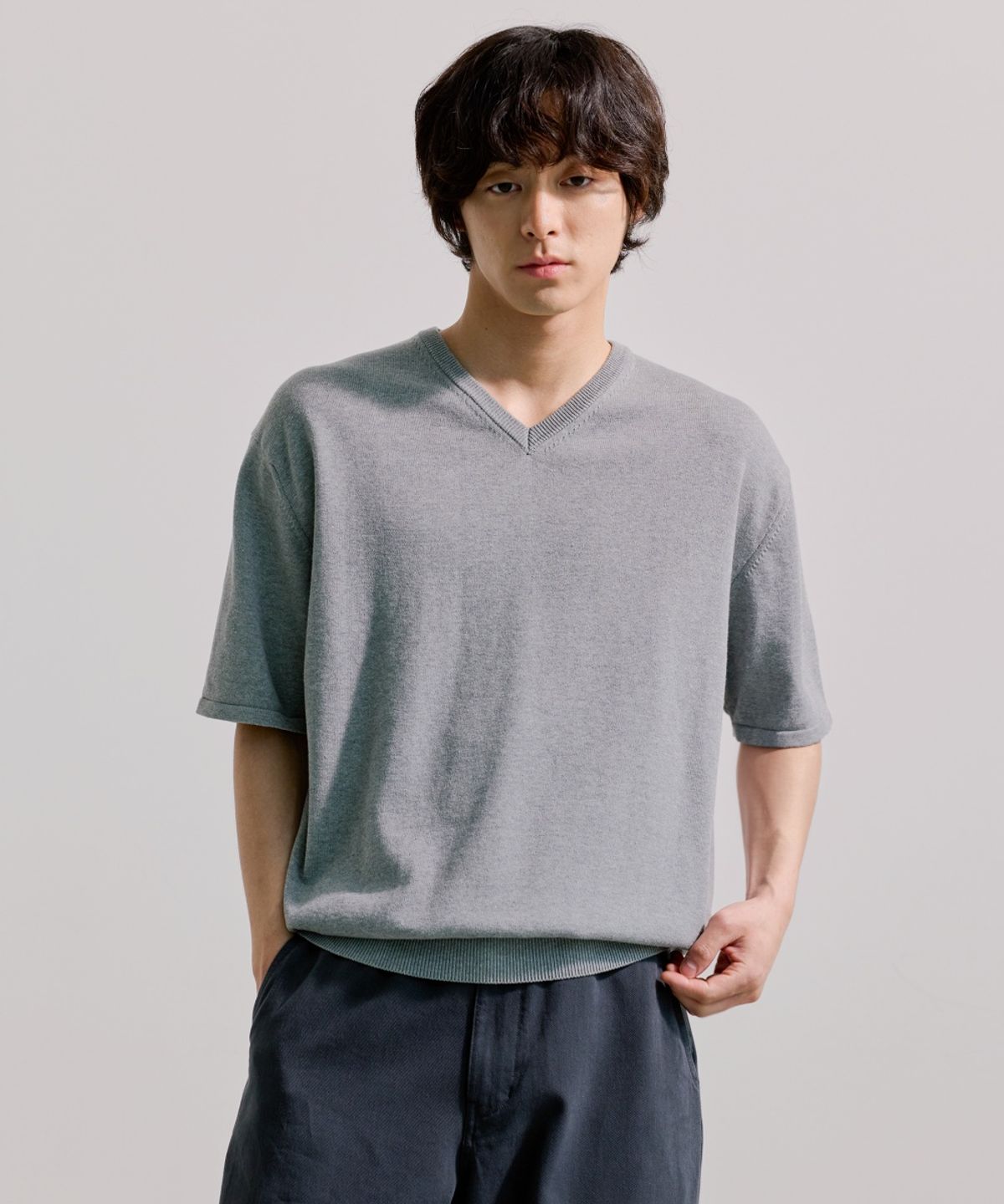 유니온블루(UNION BLUE) AMBIENT V-NECK HALF KNIT [MELANGE GRAY]