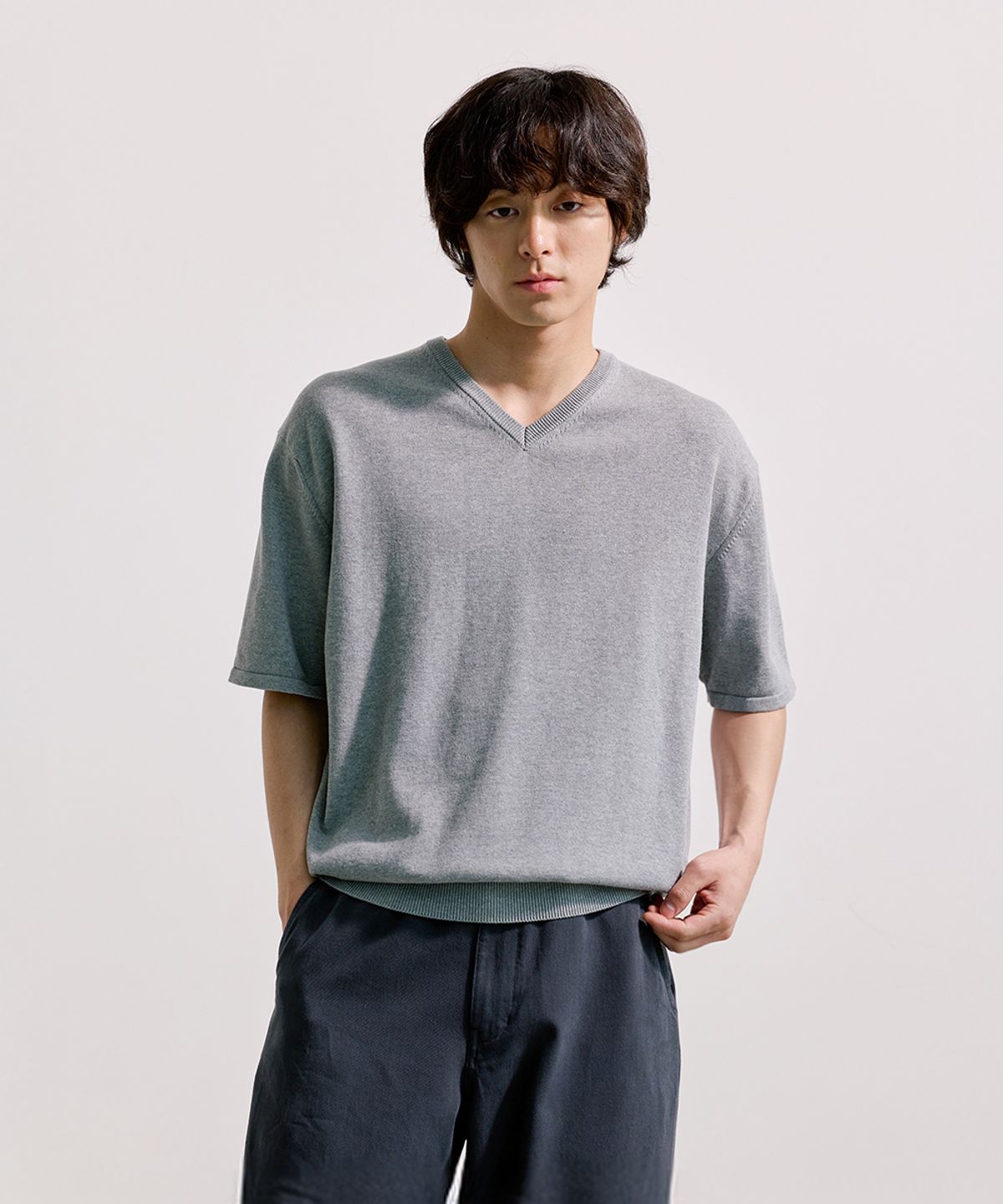 유니온블루(UNION BLUE) AMBIENT V-NECK HALF KNIT [MELANGE GRAY]