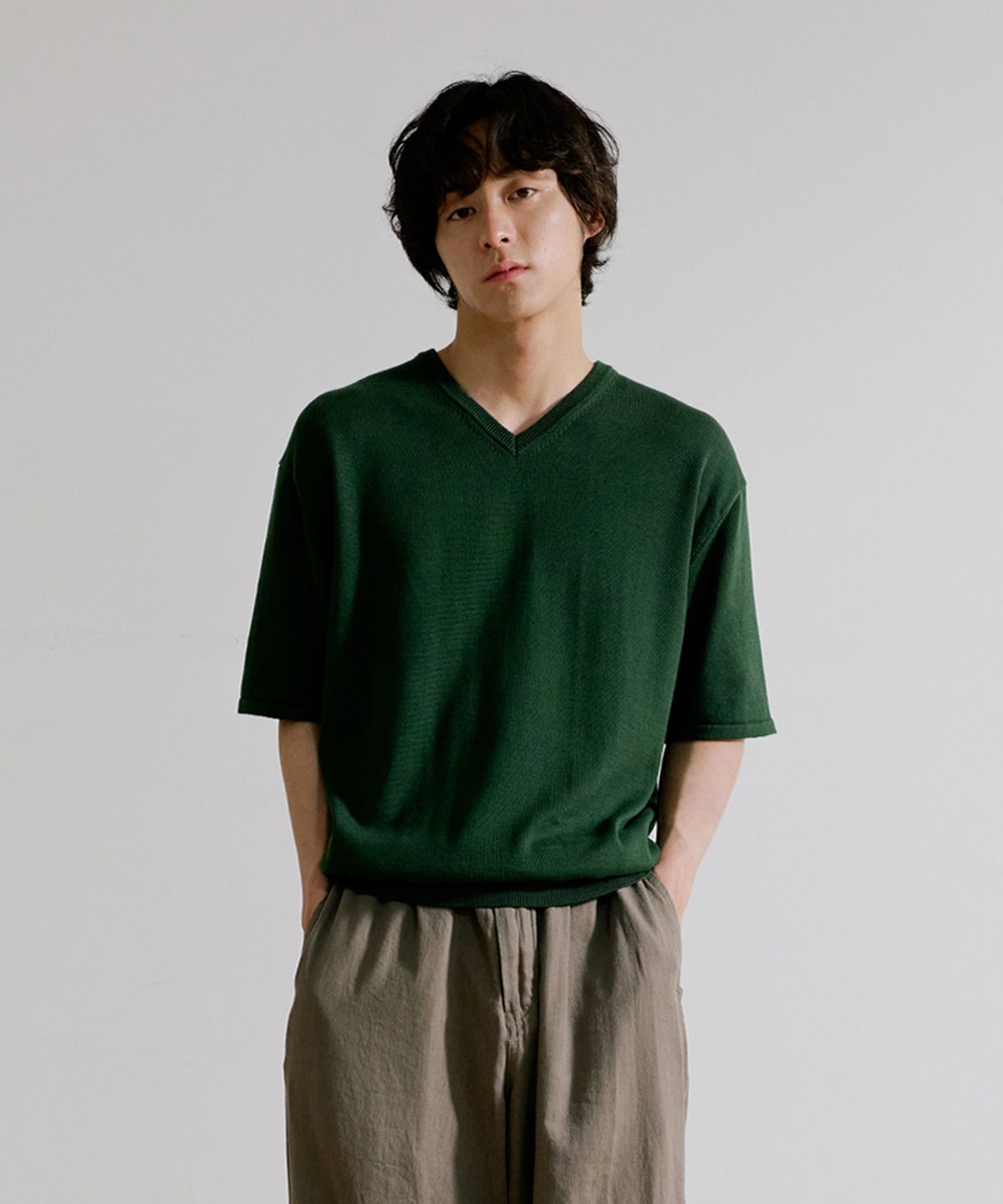 유니온블루(UNION BLUE) AMBIENT V-NECK HALF KNIT [KALE GREEN]