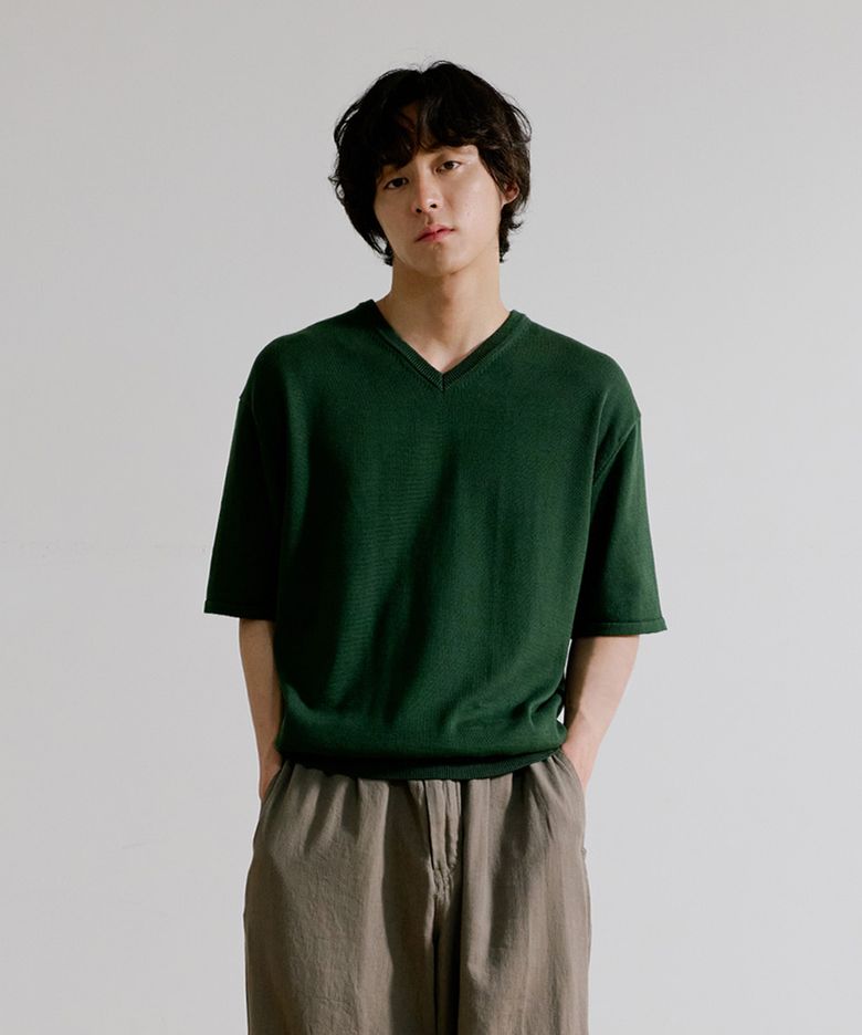 AMBIENT V-NECK HALF KNIT [KALE GREEN]