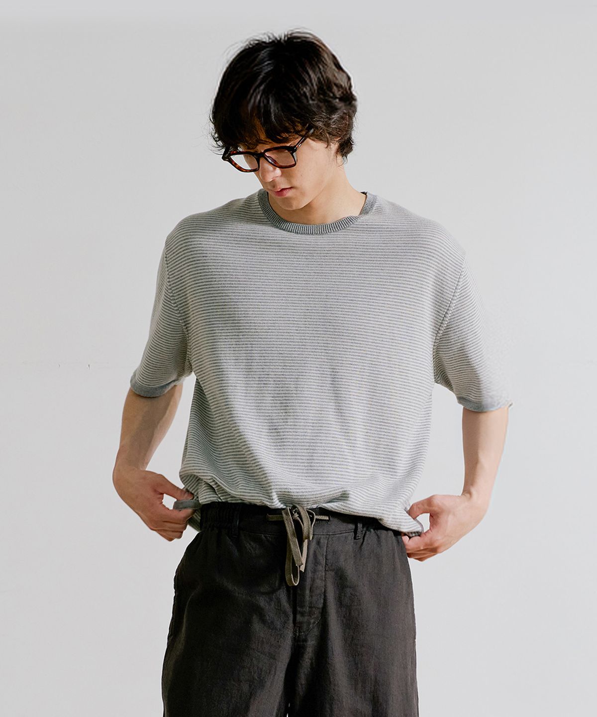 유니온블루(UNION BLUE) MARINE STRIPE HALF KNIT [LIGHT GRAY]
