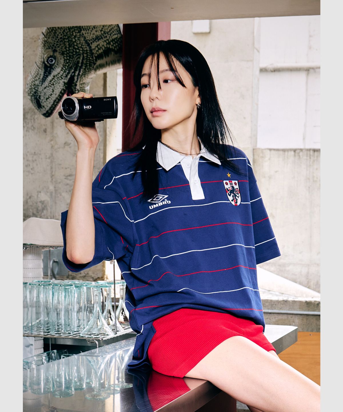 엄브로(UMBRO) HBL 스트라이프 럭비 피케 반팔 티셔츠 네이비 UR221CTS51