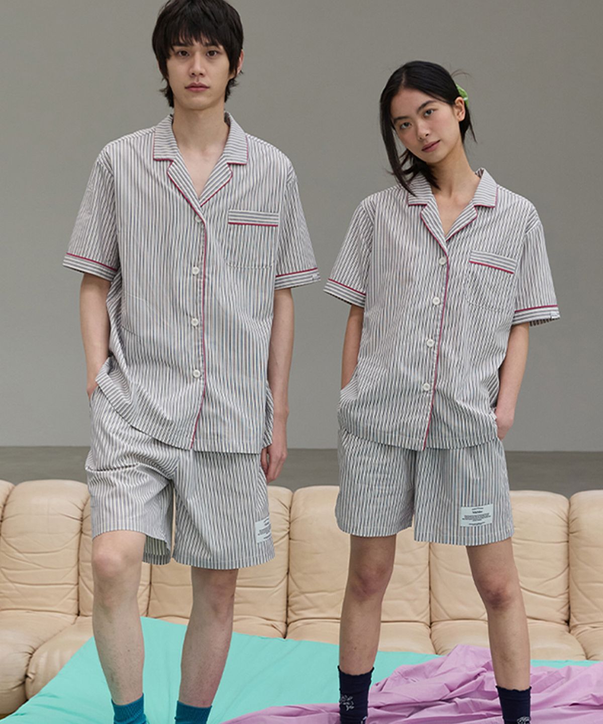 미치코런던 코시노(MICHIKO LONDON KOSHINO) (Uni) 스트라이프 숏 파자마 세트 블루 스트라이프