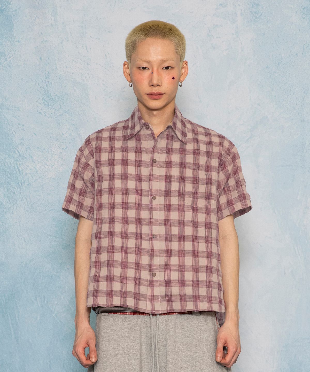 글랙(GLACK) GS018 타탄체크 시어서커 크롭 하프 셔츠 (RED)